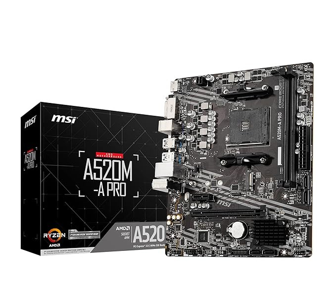 MSI A520M-A PRO Motherboard Supports- Ryzen 5000/4000/3000 Series/G-Series CPUs/DDR4 RAM